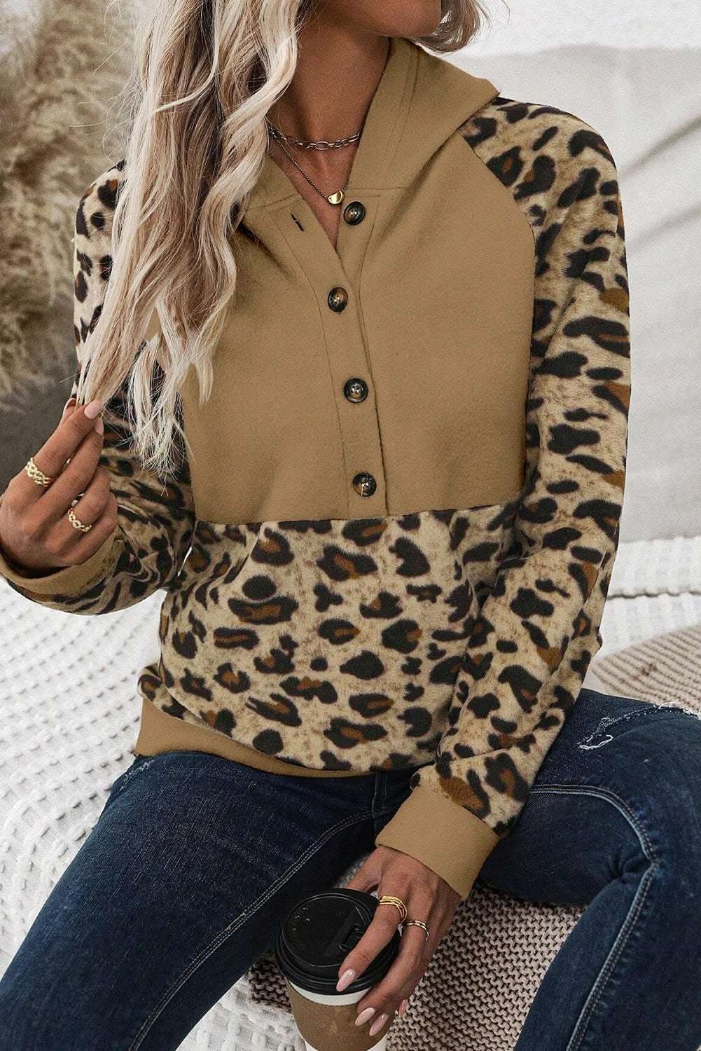 Light French Beige Leopard Print Patchwork Raglan Sleeve Half Buttons Hoodie - Love Salve